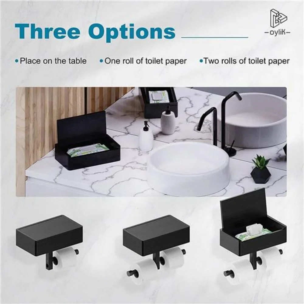 Toilet Paper Holder w/ Shelf and Storage, Wipes Dispenser Wall Mount Matte Black